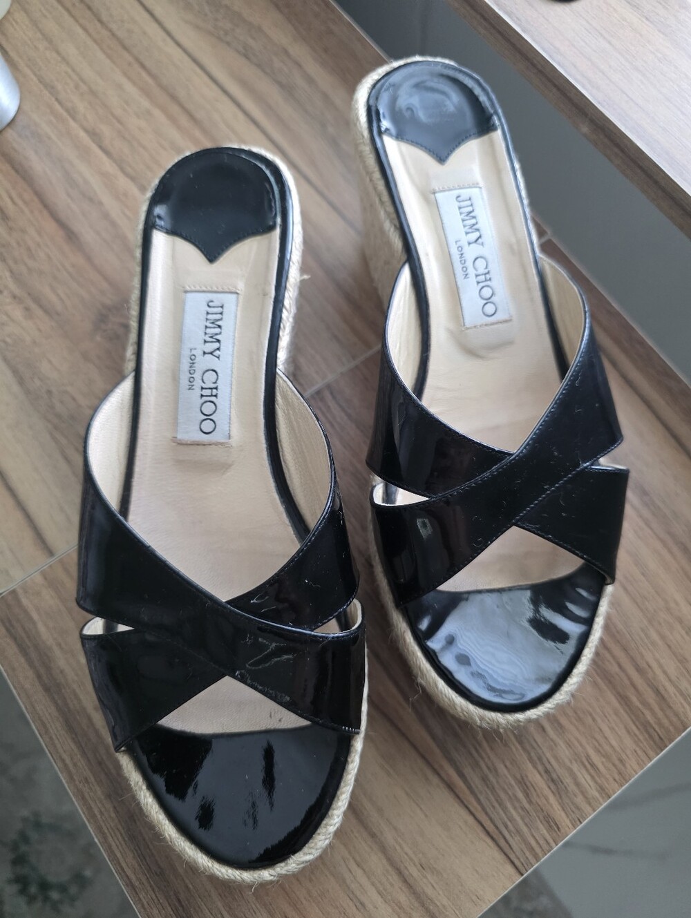 Jimmy Choo Black Patent Leather Espadrille Wedge Sandals, Sz 38